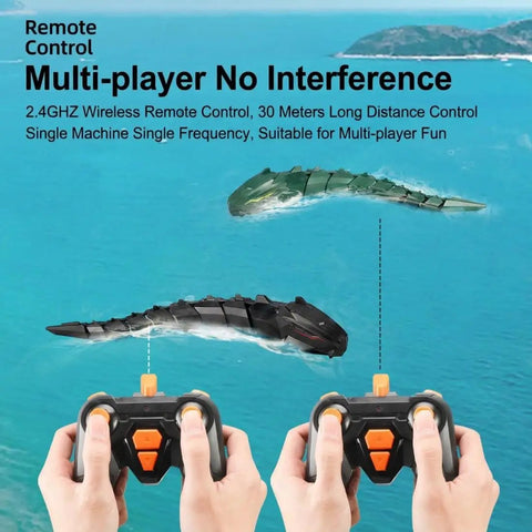 Dope Remote Control Water Snake Toy With Camera For Pool Play App Controlled Waterproof RC Mechanical Snake For Pool Fun 2 4GHz Wireless Remote With Realistic Swimming Motion and dual controllers shown over water.