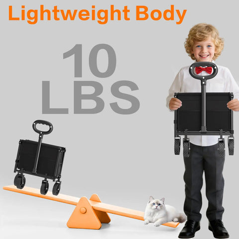 Child holding Foldable Utility Wagon Cart With Wheels, Heavy Duty Hauler Capable Of 360 Lbs, 10 lbs weight shown next to cart
