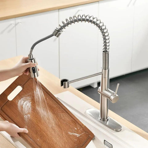 Pull Out Kitchen Faucet With Sprayer Low Lead Pro Grade Single Handle Pull Down Sprayer Brushed Nickel Finish in use with cutting board