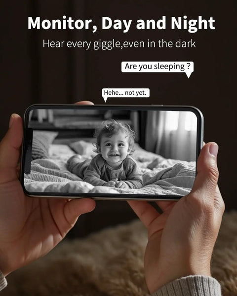 No Sweat Setup 4Mp Indoor Security Camera With Solid Hd Video And Clear Two Way Audio Free Ai Motion Tracking Night Vision Plus Easy Phone App Control For Your Pooch Around The Clock, showing phone monitoring a sleeping baby.