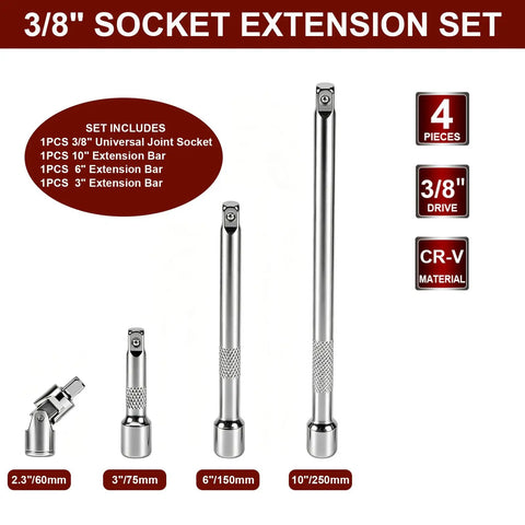 4 Piece 3/8 Inch Drive Socket Extension Bar Set With 3, 6, And 10 Inch Extensions And 3/8 Inch Drive Universal Joint Sockets