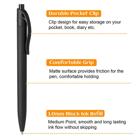 108 Pack Black Retractable Ballpoint Pens No Bleed With 1.0mm Medium Point Smooth German Ink 5.5 Inch Matte Barrel Bulk