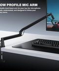 Heavy Duty Low Profile Microphone Boom Arm Stand For Gaming And Streaming With Solid Aluminum Build positioned next to a keyboard.