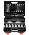 107 Piece Workhorse Allen and Torx Socket Set With Hex Ball End Bits in open black toolbox, organized, visible sizes and sockets
