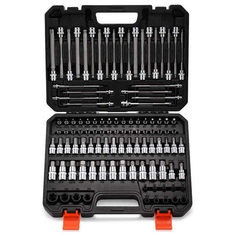 107 Piece Workhorse Allen and Torx Socket Set With Hex Ball End Bits in open black toolbox, organized, visible sizes and sockets