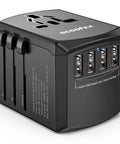 Global Travel Power Adapter With 4 USB Ports And 160 Country Coverage, black adapter with various plug types visible