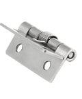 Close-up of stainless steel spring-loaded cabinet hinge, 1.5-inch, self-closing, two-hole mounting plate.