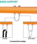 Heavy Duty A Frame Swing Stand With Ground Stakes For Saucer And Web Swings showing lanyard and metal hook connections