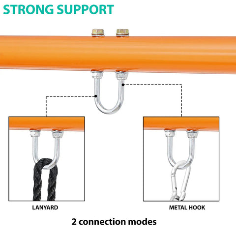 Heavy Duty A Frame Swing Stand With Ground Stakes For Saucer And Web Swings showing lanyard and metal hook connections