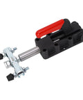 Heavy Duty 50mm Stroke Double Headed Push Pull Toggle Clamp For Welding Fixtures With Ribbed Handles And Nodular Cast Iron Base viewed from side angle.