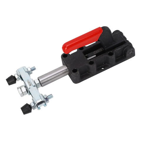Heavy Duty 50mm Stroke Double Headed Push Pull Toggle Clamp For Welding Fixtures With Ribbed Handles And Nodular Cast Iron Base viewed from side angle.