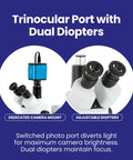 Professional Trinocular Stereo Zoom Microscope With Boom Stand, Long Working Distance, 10X Super Widefield Eyepieces, Adjustable Interpupillary, A Solid Workhorse For Circuit Boards And Dental Appliances, trinocular port with dual diopters and camera mount
