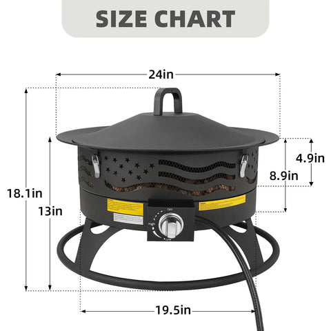 Smokeless 24 Inch Portable Propane Fire Pit With Grill Grate And Lid 60 000 BTU Outdoor Firepit featuring size dimensions and lid