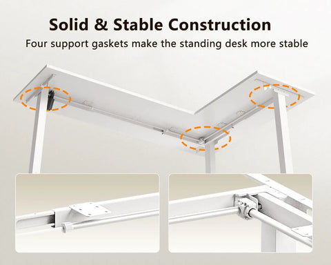 Solid construction of 63 Inch Sit To Stand Electric L Shaped Desk With Height Adjustment Range 27.9 To 46.1 Inches, showing support gaskets.