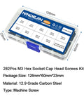 Plastic box of M3 Hex Socket Head Cap Screws Kit with Nuts and Wrench Key Allen Drive Heavy Duty Carbon Steel 12 9 Grade