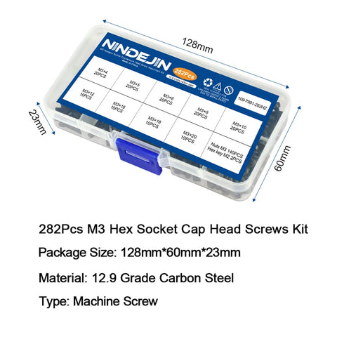Plastic box of M3 Hex Socket Head Cap Screws Kit with Nuts and Wrench Key Allen Drive Heavy Duty Carbon Steel 12 9 Grade