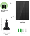 Rugged IP65 Waterproof Solar Panel Kit for Security Cameras with 10ft cable, adjustable mount, and screws, diagram with dimensions