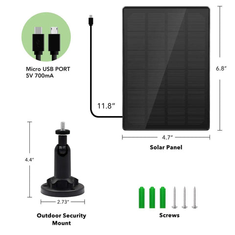 Rugged IP65 Waterproof Solar Panel Kit for Security Cameras with 10ft cable, adjustable mount, and screws, diagram with dimensions