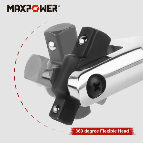 Close-up of 15 Inch Breaker Bar With 1/2 Inch Drive And 3/8 Inch Drive Flex Handle For Heavy Duty Use showing 360-degree flexible head.