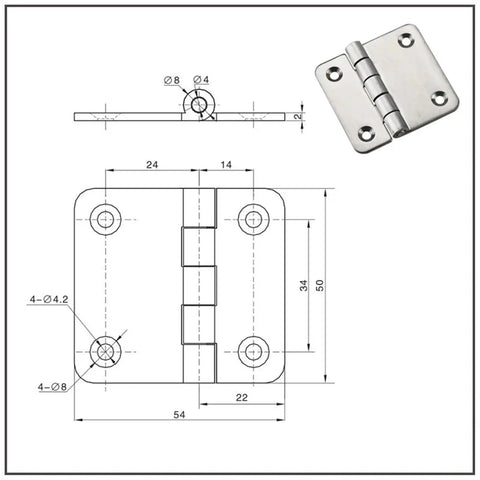 Technical diagram of Flush Opening Asymmetric 304 Stainless Steel Hinge for industrial cabinet doors with dimensions shown.