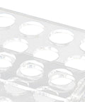 Close-up of acrylic test tube rack with 18 well holder for 17mm tubes, showcasing the highly polished surface and lab grade quality.