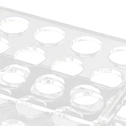 Close-up of acrylic test tube rack with 18 well holder for 17mm tubes, showcasing the highly polished surface and lab grade quality.