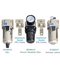 3/8 Inch Pneumatic FRL Air Filter Regulator Combination AF3000 AR3000 And AL3000 Source Treatment Unit For Industrial Compressed Air Systems Built Tough Low Pressure Drop And Easy Install For Shop Ready Use, showing the AF3000 filter, AR3000 pressure regulating valve, and AL3000 atomized lubricator.