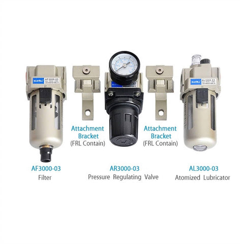 3/8 Inch Pneumatic FRL Air Filter Regulator Combination AF3000 AR3000 And AL3000 Source Treatment Unit For Industrial Compressed Air Systems Built Tough Low Pressure Drop And Easy Install For Shop Ready Use, showing the AF3000 filter, AR3000 pressure regulating valve, and AL3000 atomized lubricator.