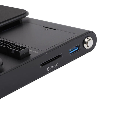Top Tier External GPU Enclosure For Laptops Featuring PCIe 4.0 X16 Interface, 140W Fast Charge, close-up of ports and SD card slot.