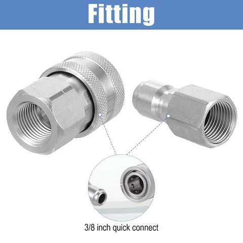 Front view of Afcabakila 8pc 3/8in stainless steel quick-connect fittings kit, male and female NPT threads; 2 fittings