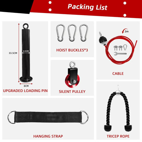 Lat Pulldown Cable System For Home Gym Versatile 2 Inch Olympic Attachments shown with accessories and cable parts