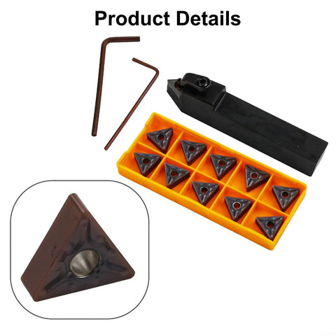Lathe Turning Tool Holder Set With Carbide Inserts 16mm Shank Right Hand CNC Cutter, includes 10 inserts, 2 wrenches, and holder.