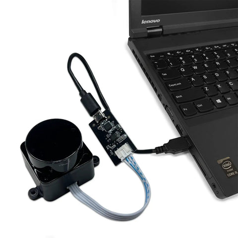 360 Degree 2D Lidar Distance Sensor Kit With 12 Meter Range And 10 Hz Scan Rate connected to a laptop for obstacle detection.