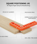 3 Inch Square Positioning Jig Boasts Dead Nuts Accurate 90 Degree Alignment For Cabinet Buildouts Woodworking Corner Clamps Diy No Fuss Assembly Projects Orange Tool, showing precise alignment on wood.