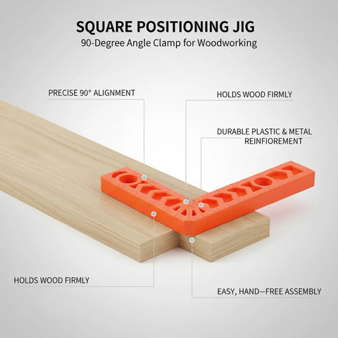 3 Inch Square Positioning Jig Boasts Dead Nuts Accurate 90 Degree Alignment For Cabinet Buildouts Woodworking Corner Clamps Diy No Fuss Assembly Projects Orange Tool, showing precise alignment on wood.