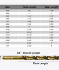 Badass M35 Cobalt Drill Bit Set Five Piece 3/8 Inch HSS Twist Bits specifications chart showing sizes and lengths.