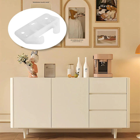 Four Pack White Plastic Drawer Slide Brackets With Complete Hardware For Silky Smooth Gliding Easy Peasy Installation Heavy Duty Furniture Repair And Cabinet Track Replacement System displayed on a modern white cabinet.