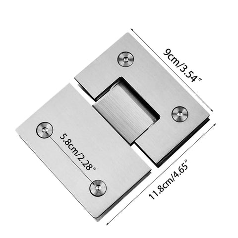 Heavy Duty Stainless Steel Bathroom Shower Frameless Glass Door Hinge Clamp Featuring 180 Degree Pivot with measurements