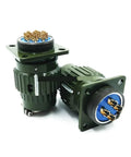 Angled view of Y2M series military circular connector, 37-pin, green housing with blue insert and gold pins, 2-pack