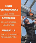 Magnetic base drill in orange and black mounted on a steel beam, worker operating it.