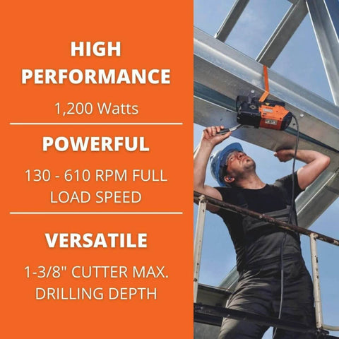 Magnetic base drill in orange and black mounted on a steel beam, worker operating it.