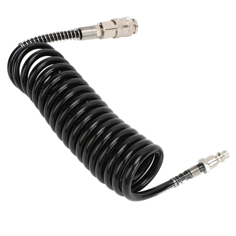Rock Solid Heavy Duty Coiled Air Hose with Bend Restrictor Self Retracting Kink Resistant Rubber and Steel Tubing for Pneumatic Tools and Car Tire Inflator Extension Tube, spiraled design.