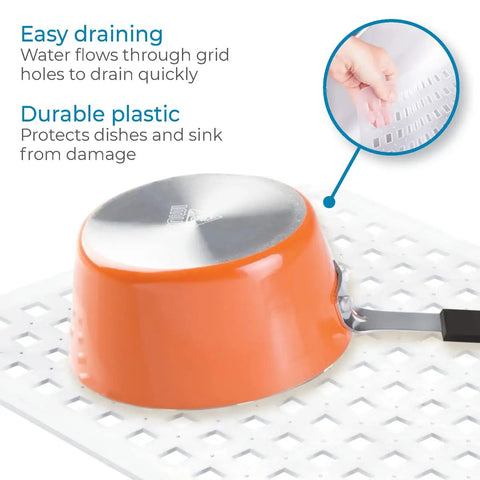 Clear Plastic Sink Grid Protector For Kitchen And Laundry Sinks Open Wire Design 11 By 12 And A Half Inches with an orange pot