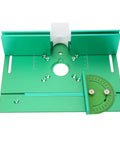 Heavy Duty Anodized Aluminum Router Lift Tool With Knockout Height Calibration And Rock Solid Flip Base Insert Plate For Pro Woodworking Bench and Laser Engraver Rig Upgrade, top view of the green base with calibration markings.