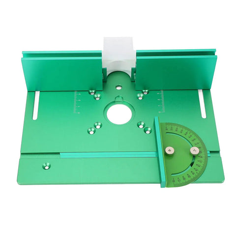 Heavy Duty Anodized Aluminum Router Lift Tool With Knockout Height Calibration And Rock Solid Flip Base Insert Plate For Pro Woodworking Bench and Laser Engraver Rig Upgrade, top view of the green base with calibration markings.