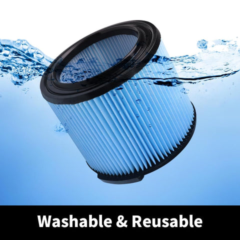 Replacement Filter Kit For 3 To 4.5 Gallon Wet Dry Vacuums showing washable pleated design underwater with text.