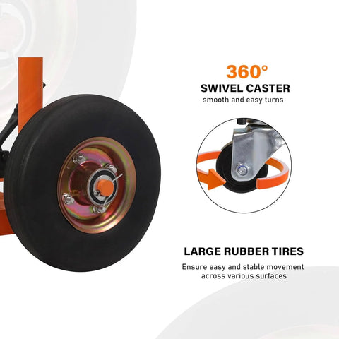 Swivel casters and large rubber tires on Compact Hydraulic Stackers For Tight Aisles, 440 Lbs Capacity Manual Pallet Jack