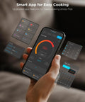 Smart Wireless Meat Thermometer With Bluetooth And WiFi Ultra Range app interface displaying meat temperature.