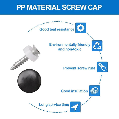 Image showing a black dome screw cover next to a screw, highlighting features like good insulation, corrosion resistance, and non-toxic material.