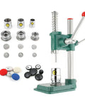 Zero Sweat DIY Fabric Button Maker Machine Kit Packs 300 Heavy Duty Buttons And Three Perfectly Sized Molds For Upholstery Work Doll Sewing And Weekend Craft Vibes with green cast iron press and various button molds.
